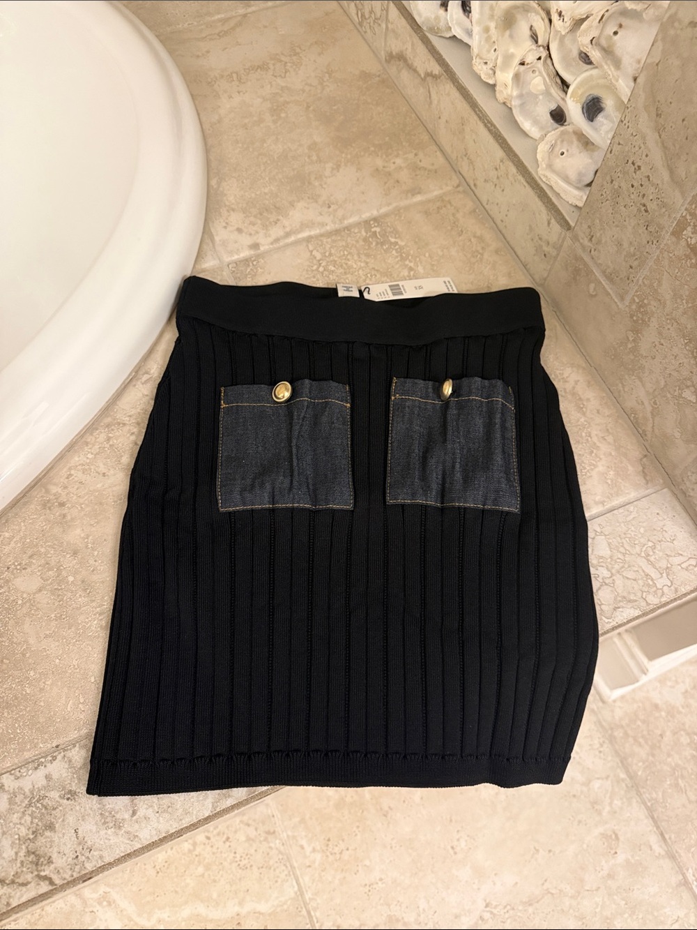 Anthropologie Black Ribbed Pencil Skirt with Denim Patch Pockets